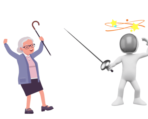 An elderly woman is holding a cane and cheering as a fencer deals with stars spinning around his head. He got crushed. Levels of fencing.